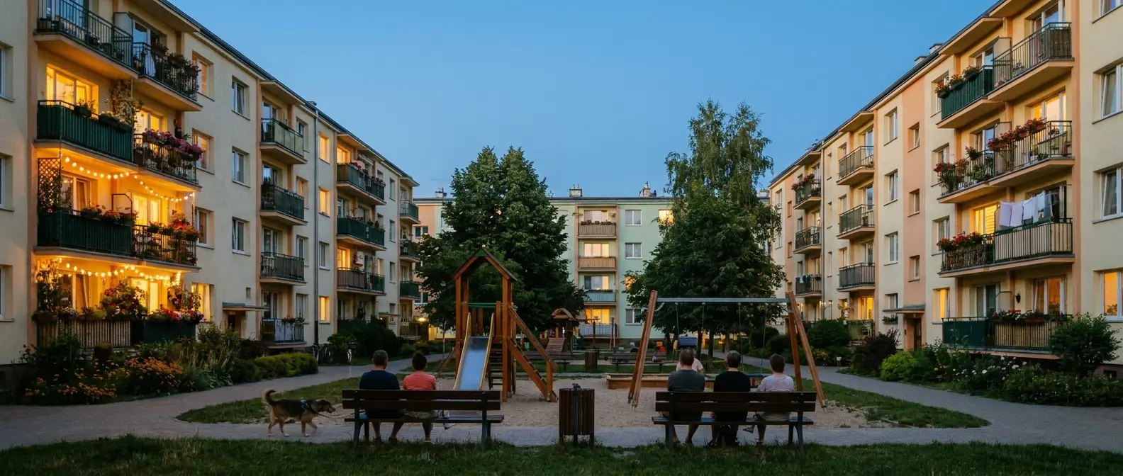 Osiedlowe podwórko o zmierzchu, zapalone okna i sąsiedzi na ławkach