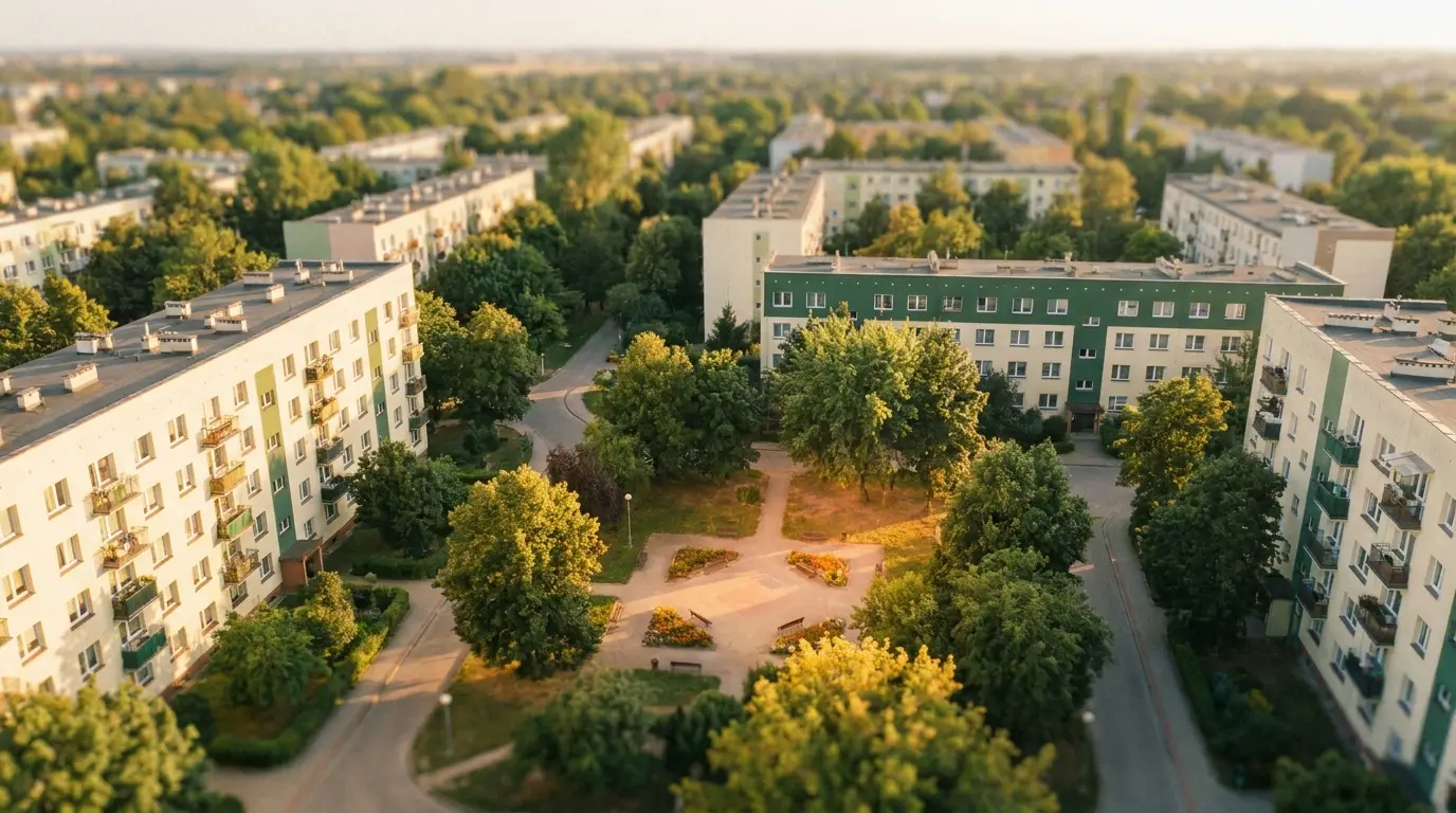 Zielone osiedle z lotu ptaka o złotej godzinie